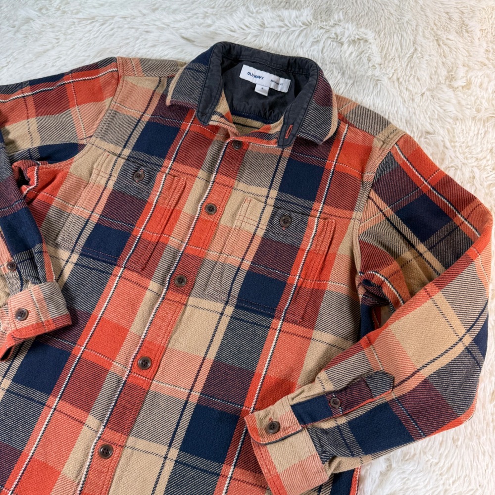 Old Navy Wome's Plaid Flannel Shirt Jacket Orange Blue‎ Tan Size Medium Shacket